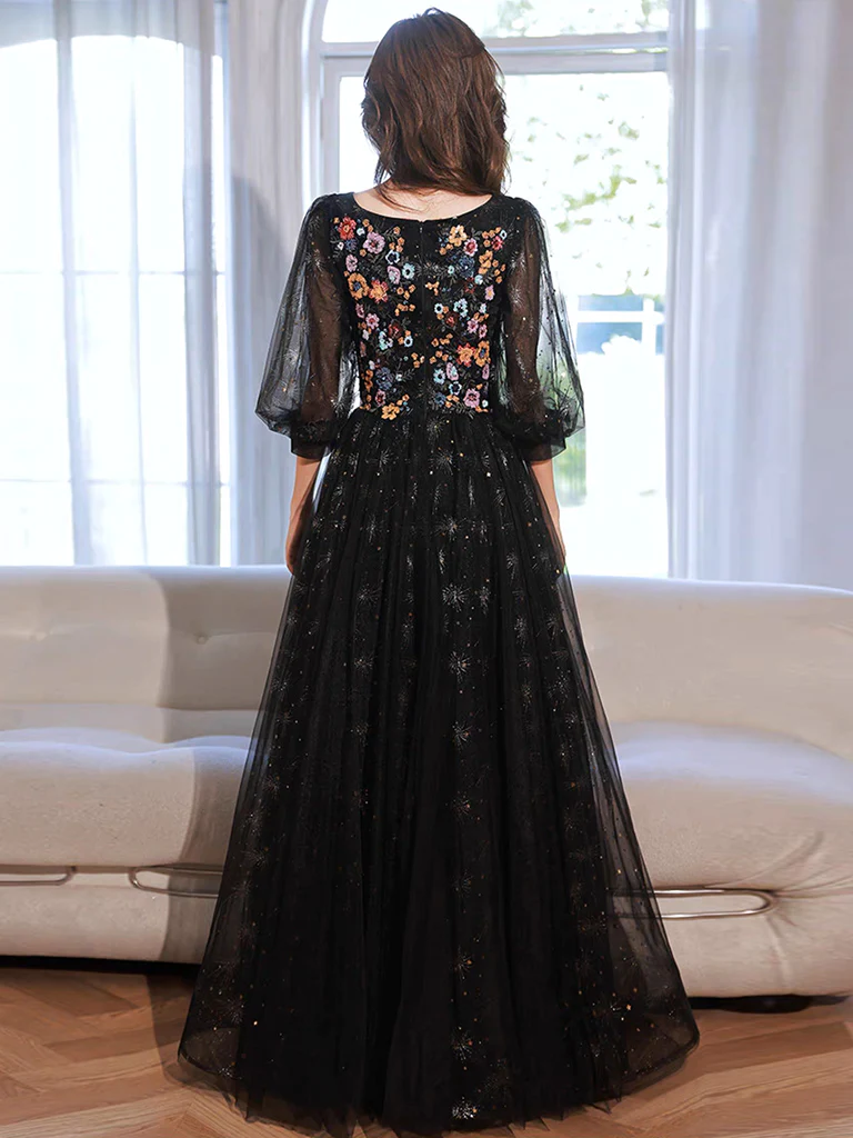 A-Line long sleeves Tulle Lace Black Long Prom Dress
