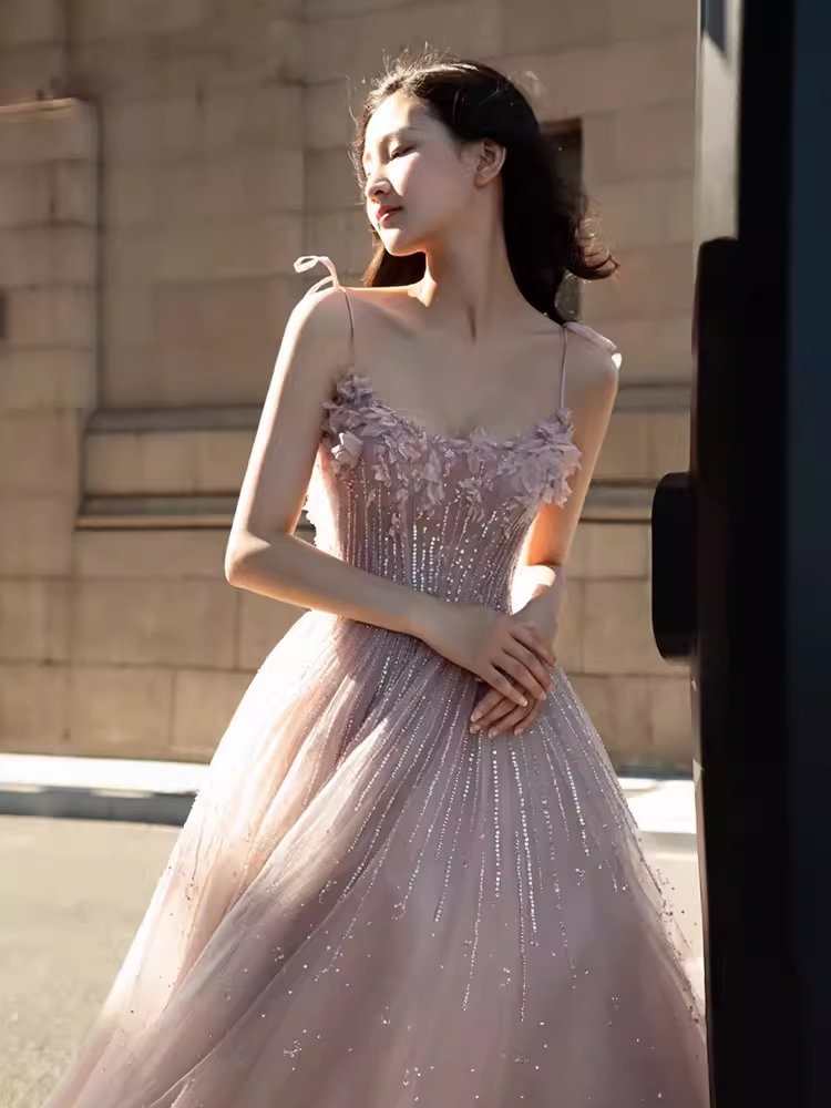 Sexy A line Straps Pink Tulle Long Prom Dress