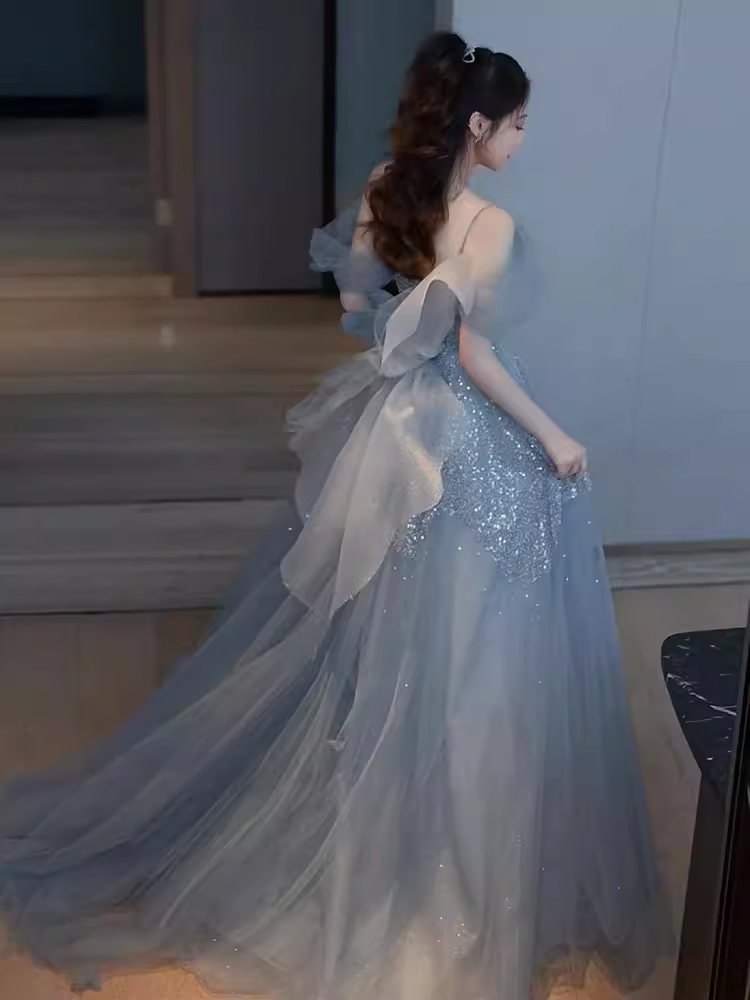 Sexy A line Straps Gray Tulle Long Prom Dress