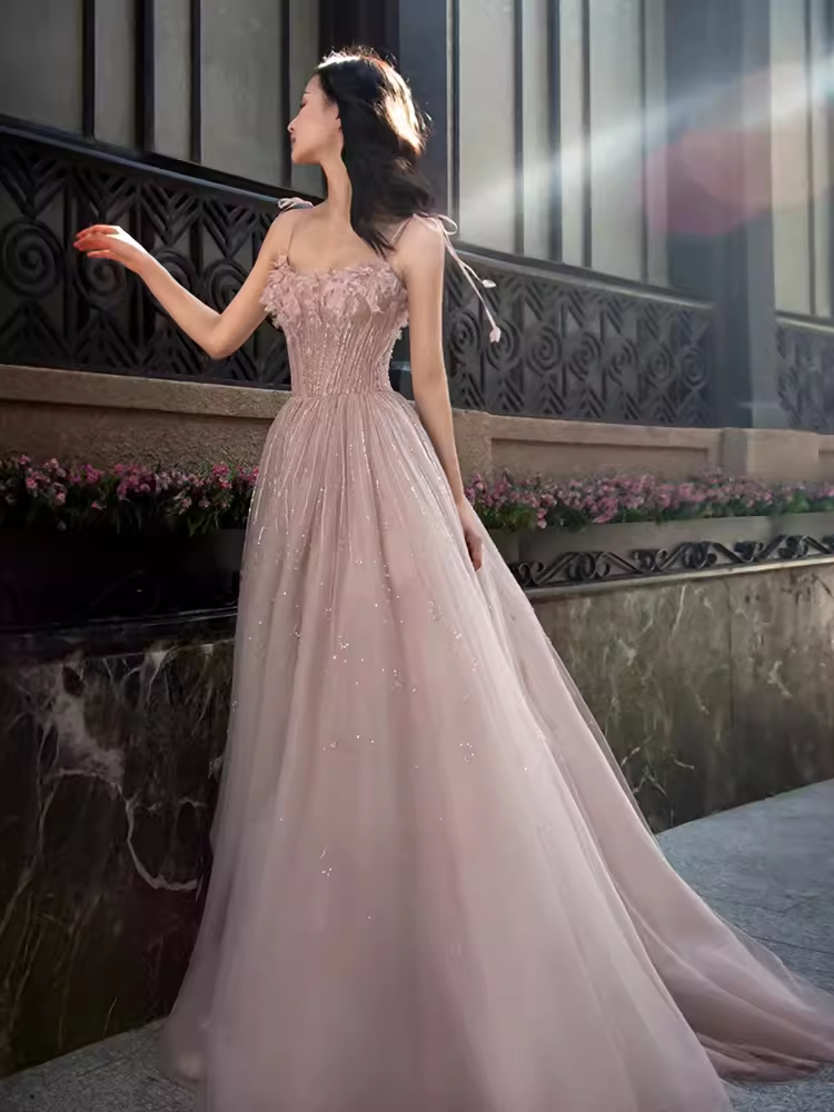 Sexy A line Straps Pink Tulle Long Prom Dress