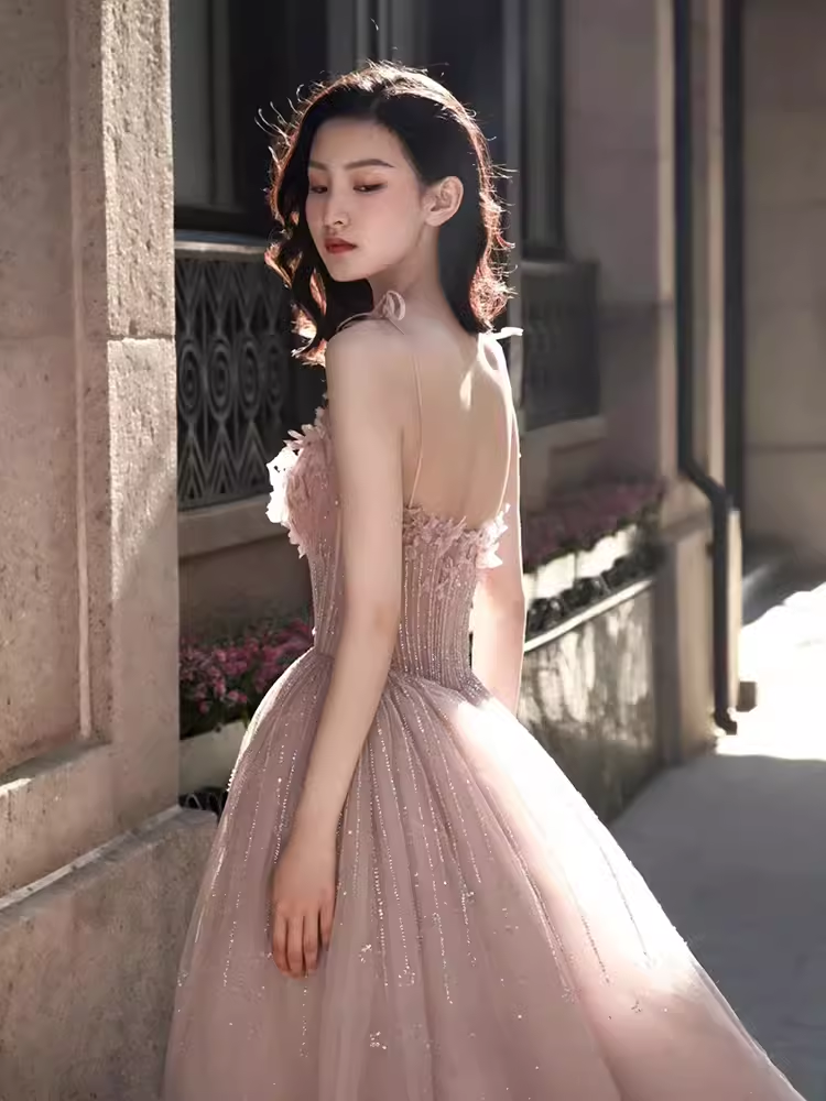 Sexy A line Straps Pink Tulle Long Prom Dress