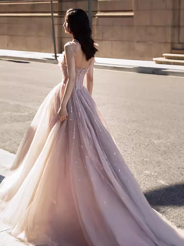 Sexy A line Straps Pink Tulle Long Prom Dress