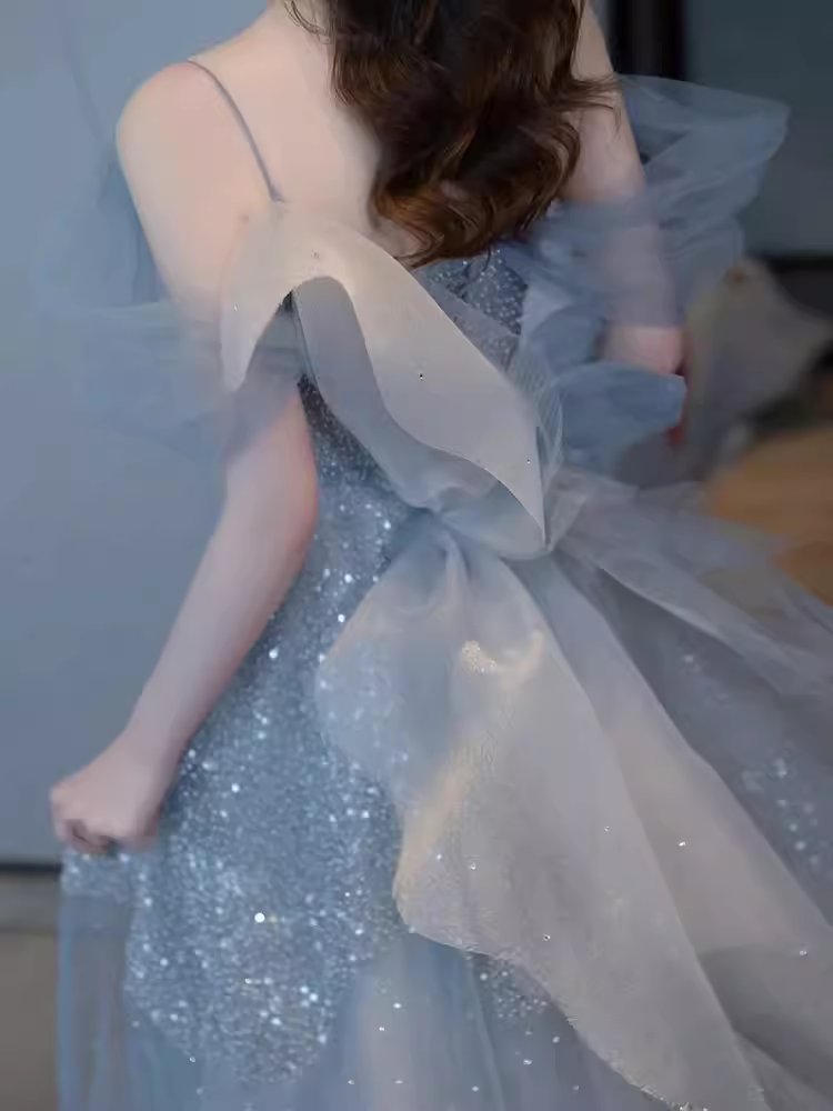 Sexy A line Straps Gray Tulle Long Prom Dress