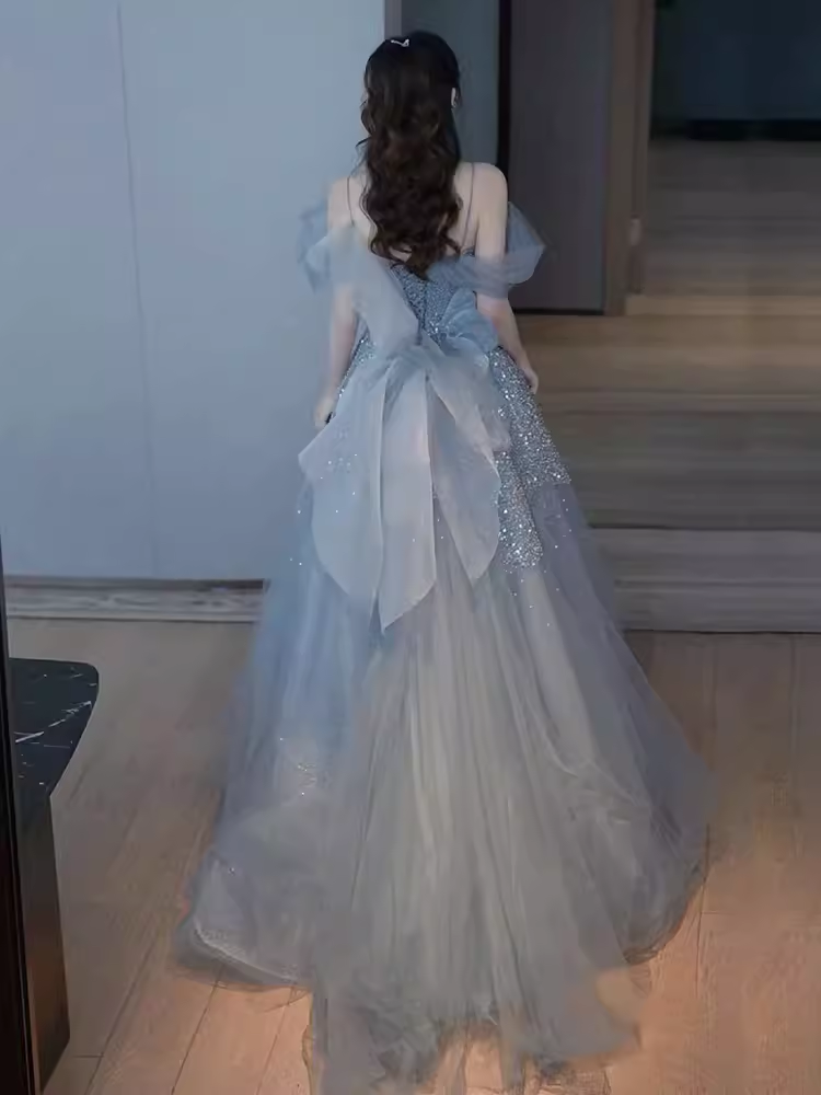 Sexy A line Straps Gray Tulle Long Prom Dress