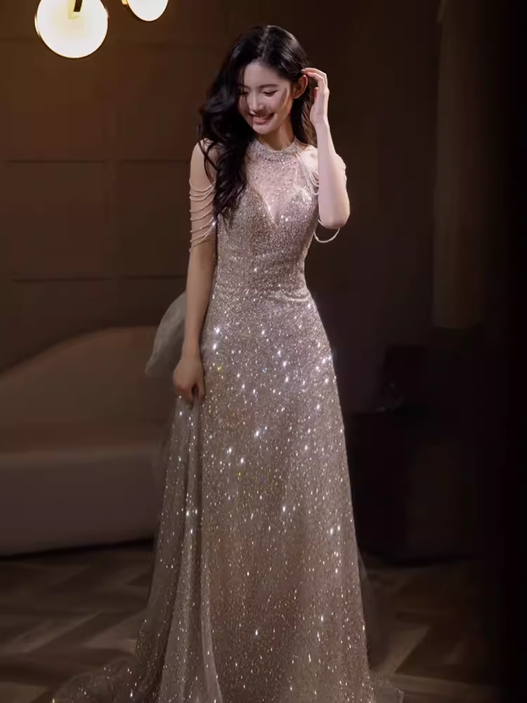 Sexy Mermaid Halter Sequin Champagne Long Prom Dress