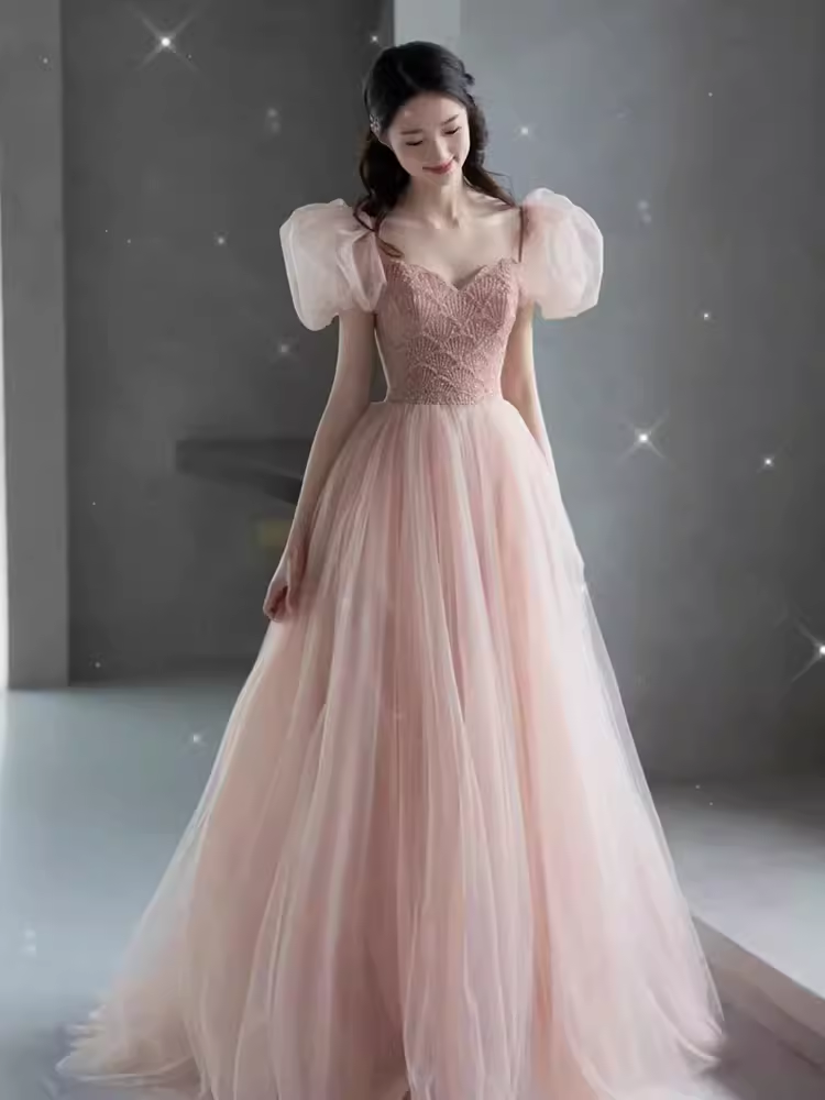 Elegant A line Puffy Sleeves Pink Tulle Long Prom Dress