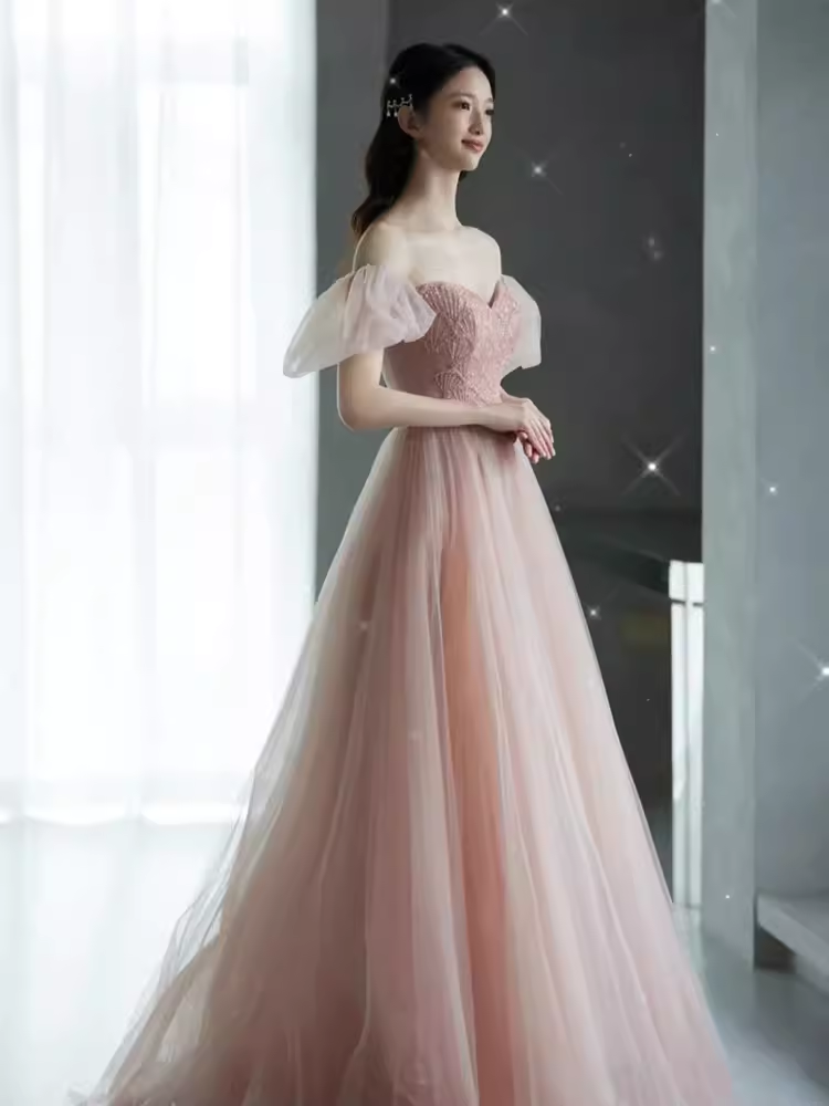 Elegant A line Puffy Sleeves Pink Tulle Long Prom Dress