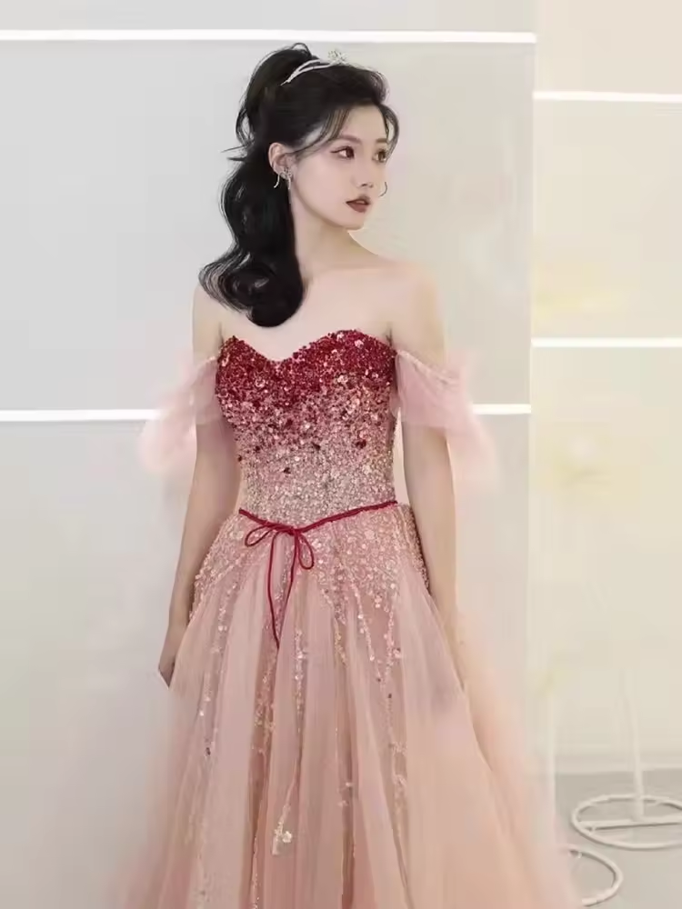 Elegant A line Puffy Sleeves Pink Tulle Long Prom Dress