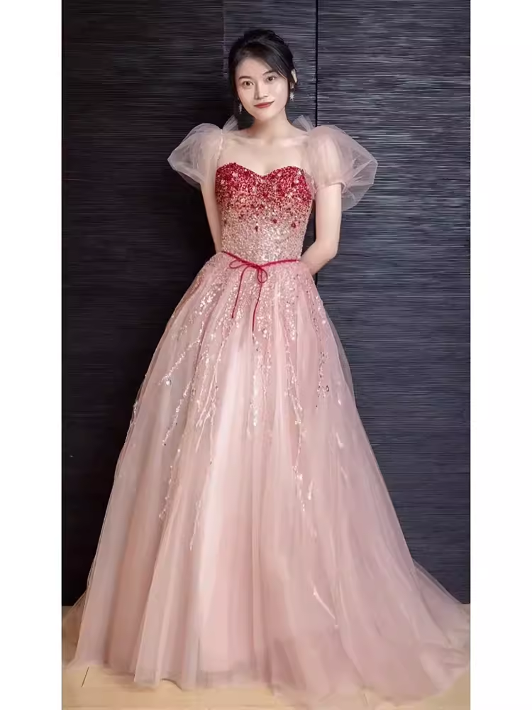 Elegant A line Puffy Sleeves Pink Tulle Long Prom Dress