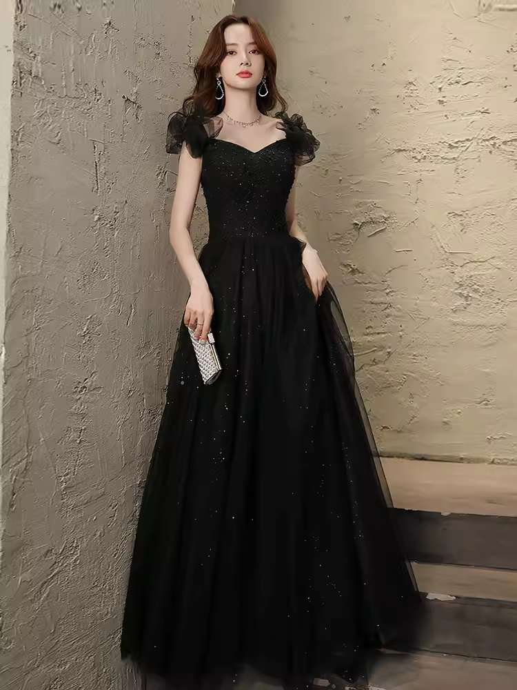 Elegant A line Puffy Sleeves Black Tulle Long Prom Dress