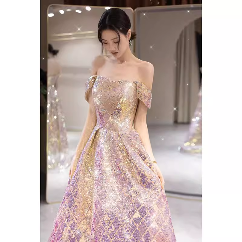 Elegant A line Strapless Lilac Sequin Long Prom Dress