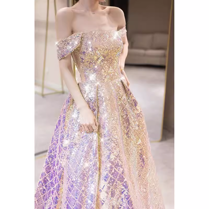 Elegant A line Strapless Lilac Sequin Long Prom Dress