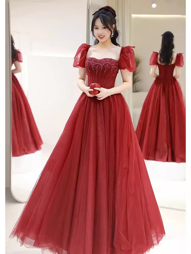 Elegant A line Puffy Sleeves Burgundy Long Prom Dress
