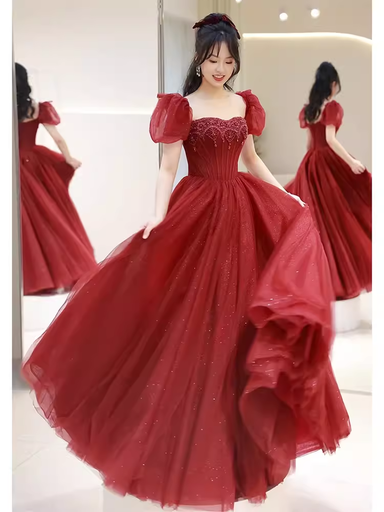 Elegant A line Puffy Sleeves Burgundy Long Prom Dress