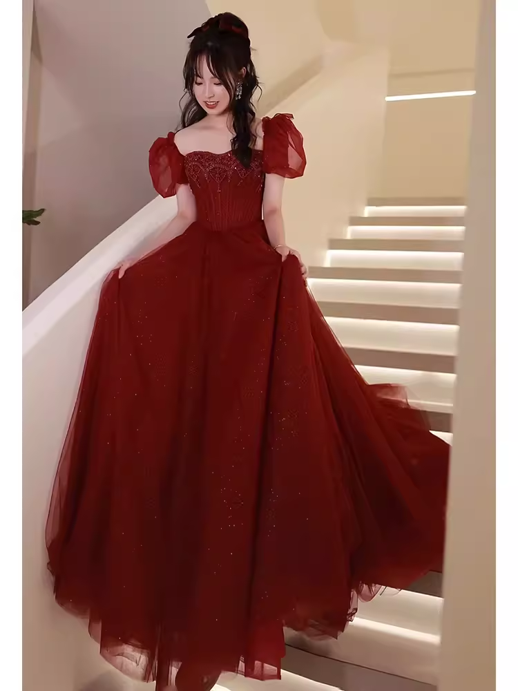 Elegant A line Puffy Sleeves Burgundy Long Prom Dress