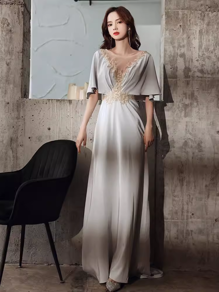 Elegant A line Short Sleeves Long Prom Dress