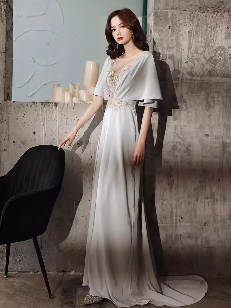 Elegant A line Short Sleeves Long Prom Dress