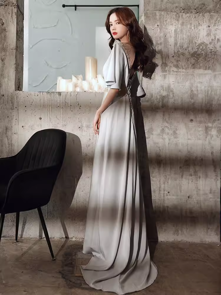 Elegant A line Short Sleeves Long Prom Dress