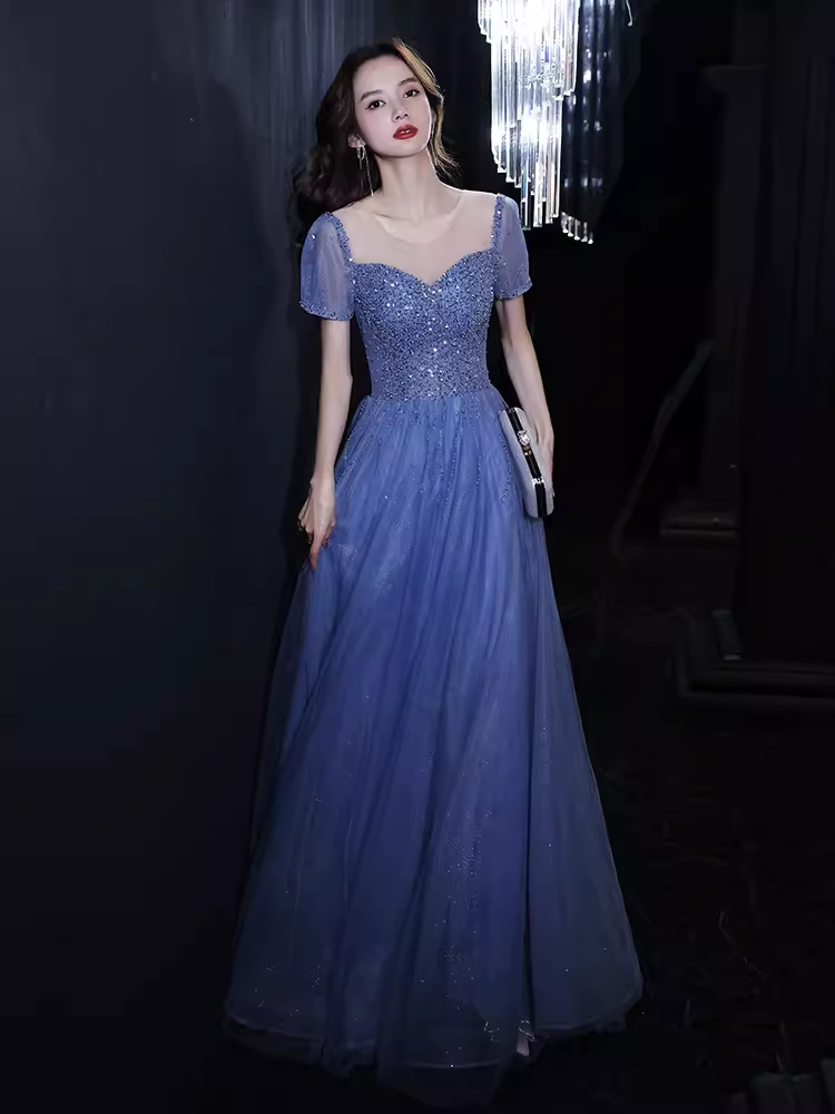 Elegant A line Short Sleeves Long Blue Prom Dress