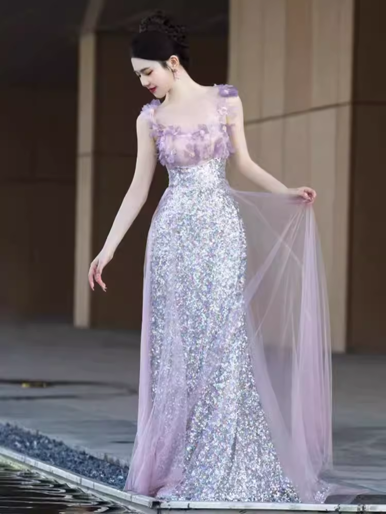 Elegant A line Short Sleeves Long Lilac Prom Dress