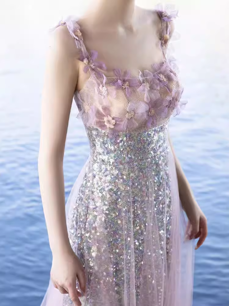 Elegant A line Short Sleeves Long Lilac Prom Dress