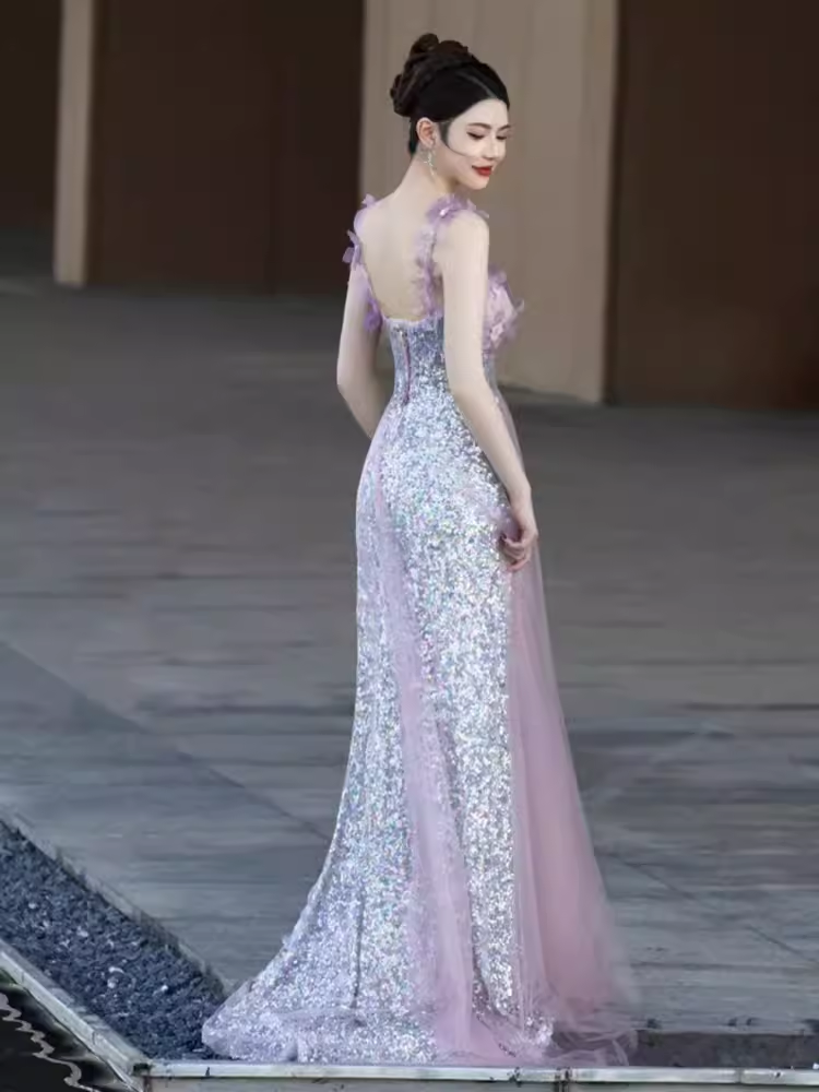 Elegant A line Short Sleeves Long Lilac Prom Dress