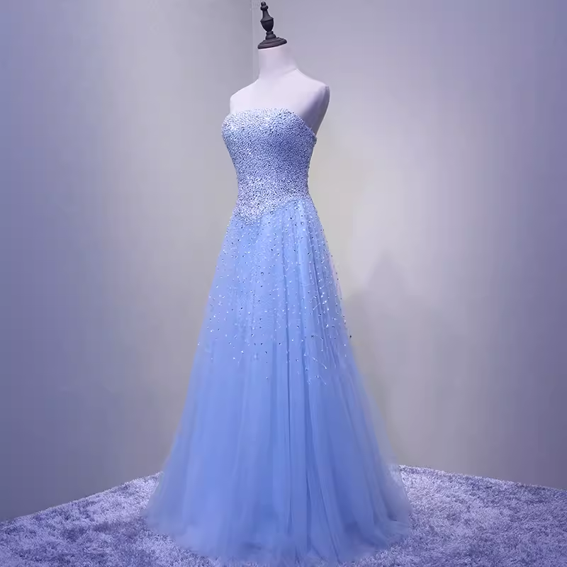 Elegant A line Strapless Sleelves Long Light Sky Blue Prom Dress