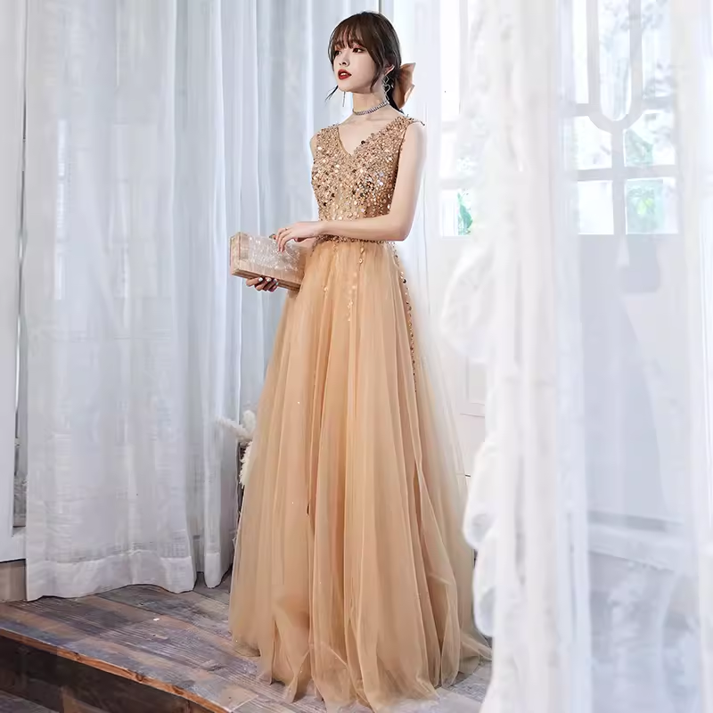 Elegant A line V Neckline Tulle Long Champagne Prom Dress