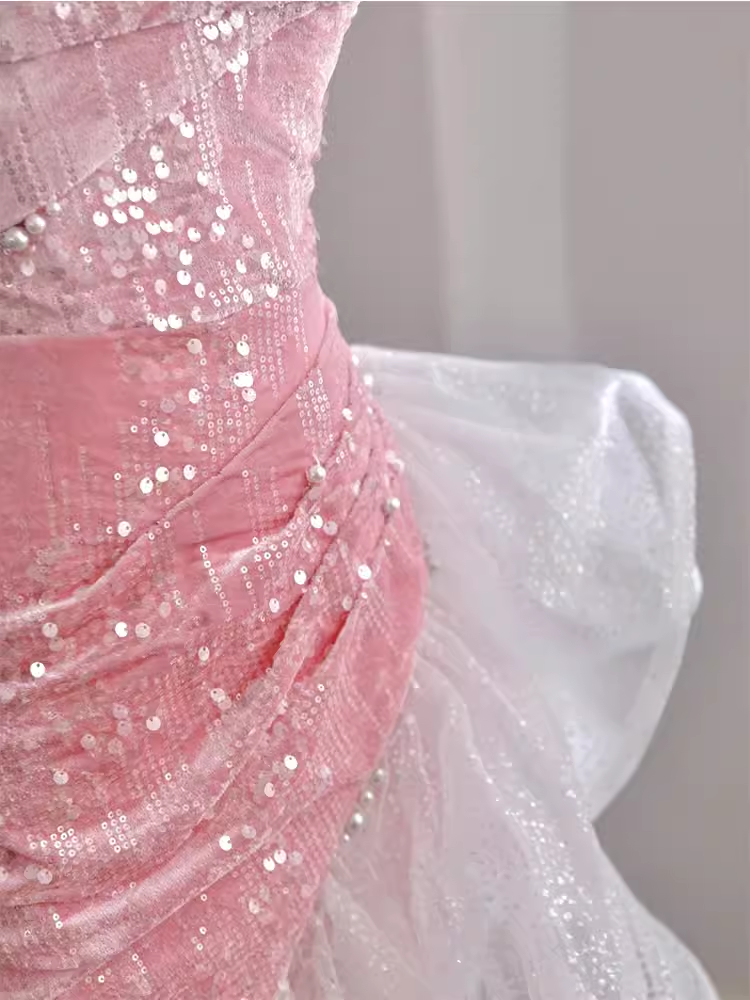 Elegant High Low Strapless Sequin Pink Velvet Prom Dress