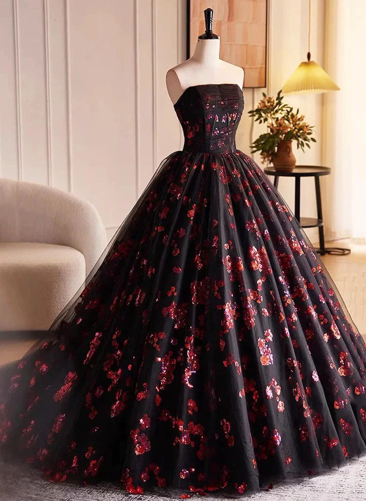 Black and Red Floral Tulle Long Strapless Formal Sweet 16 Dress