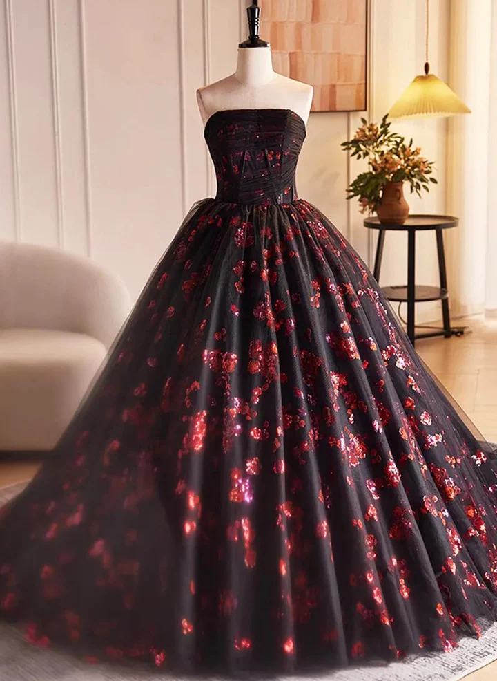 Black and Red Floral Tulle Long Strapless Formal Sweet 16 Dress