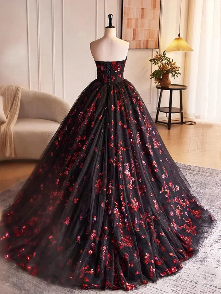 Black and Red Floral Tulle Long Strapless Formal Sweet 16 Dress
