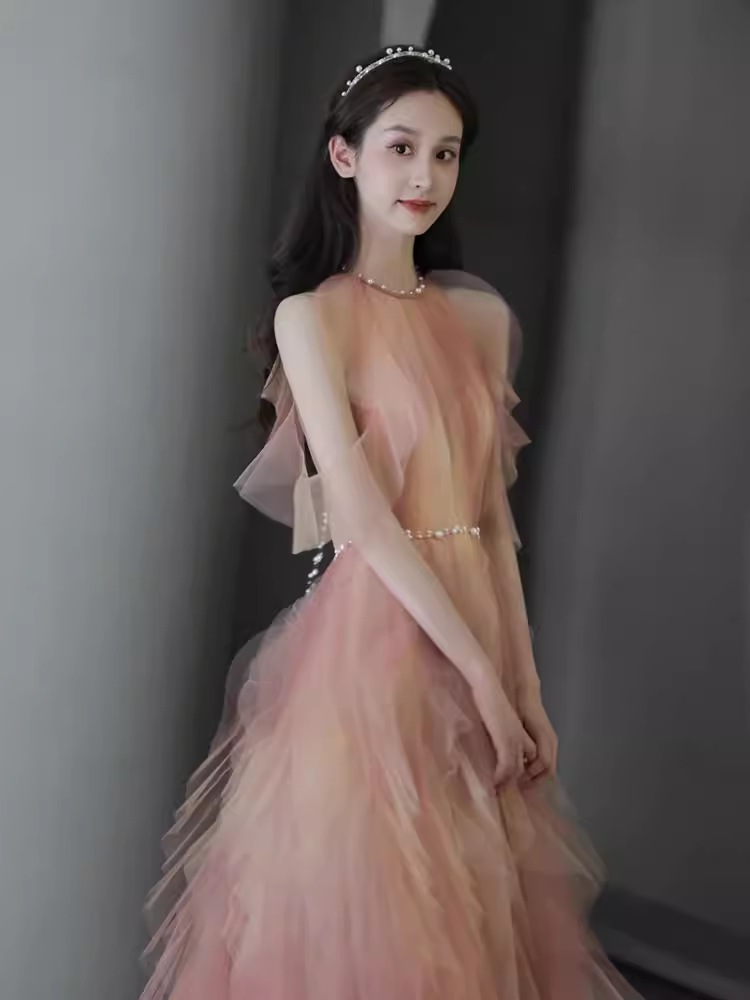 Lovely A line Pink Tulle Long Prom Dress