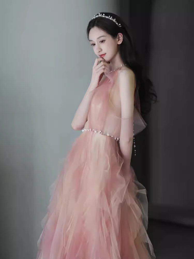 Lovely A line Pink Tulle Long Prom Dress