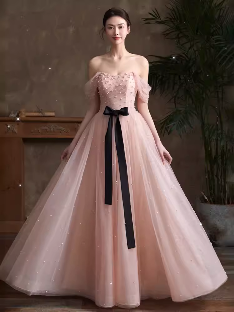 Lovely A line Pink Tulle Cap Sleeves Long Prom Dress