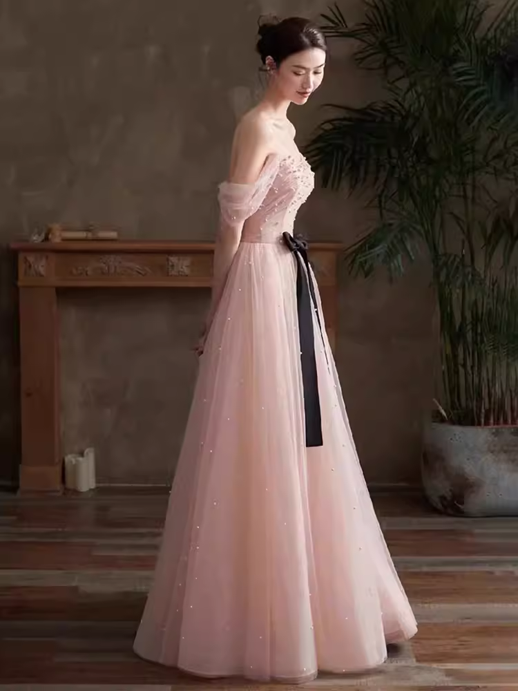 Lovely A line Pink Tulle Cap Sleeves Long Prom Dress