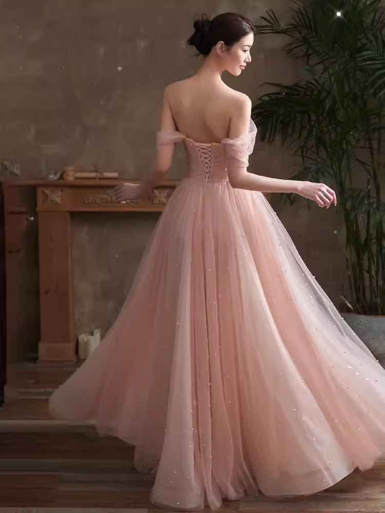 Lovely A line Pink Tulle Cap Sleeves Long Prom Dress