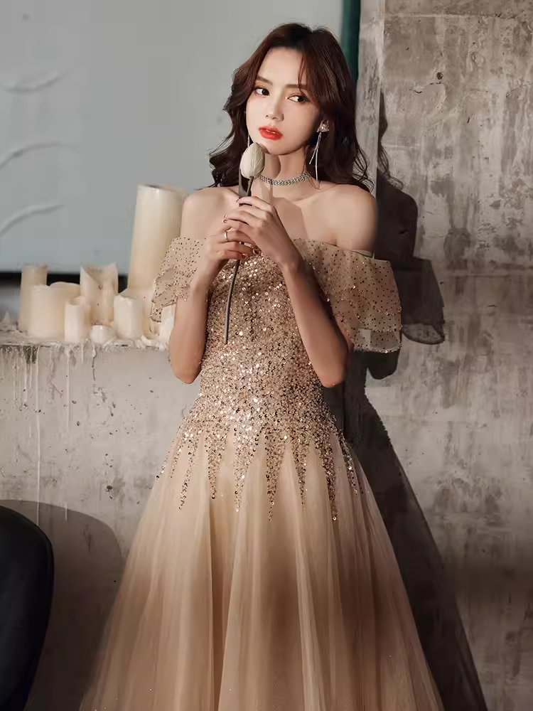 Lovely A line Off The Shoulder Tulle Cap Sleeves Champagne Prom Dress