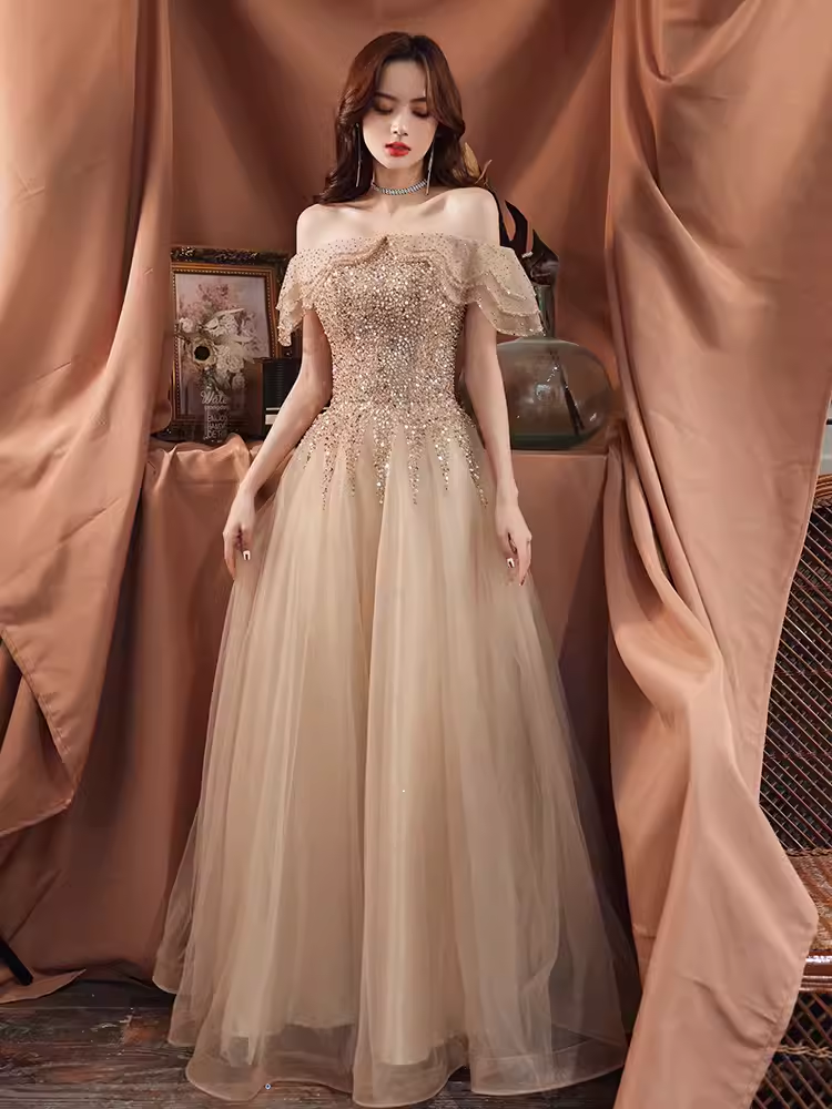 Lovely A line Off The Shoulder Tulle Cap Sleeves Champagne Prom Dress