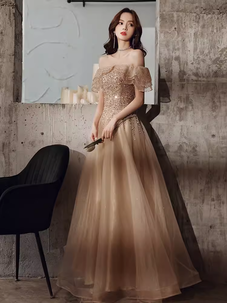 Lovely A line Off The Shoulder Tulle Cap Sleeves Champagne Prom Dress