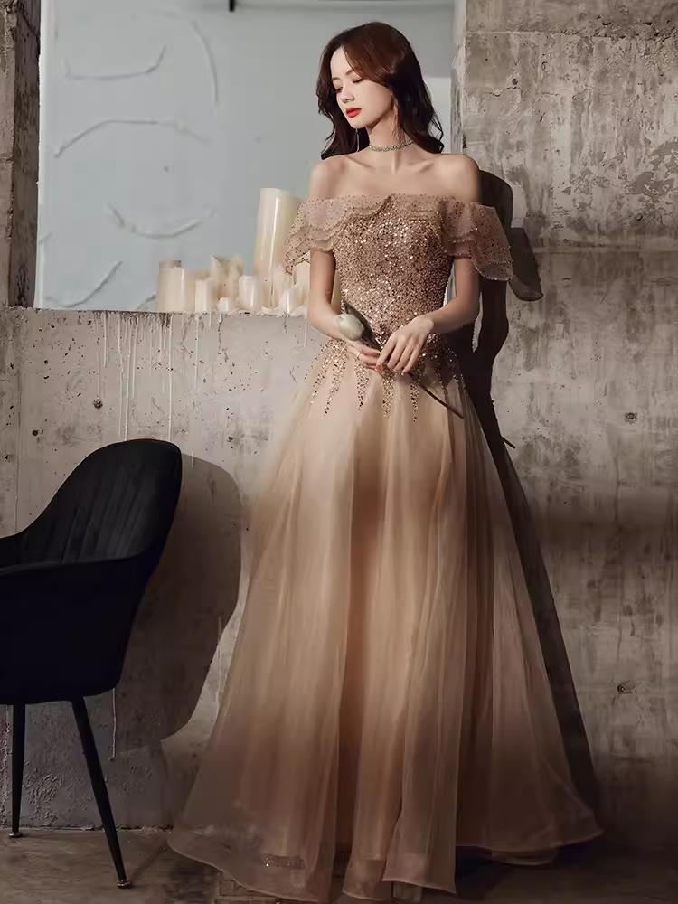 Lovely A line Off The Shoulder Tulle Cap Sleeves Champagne Prom Dress