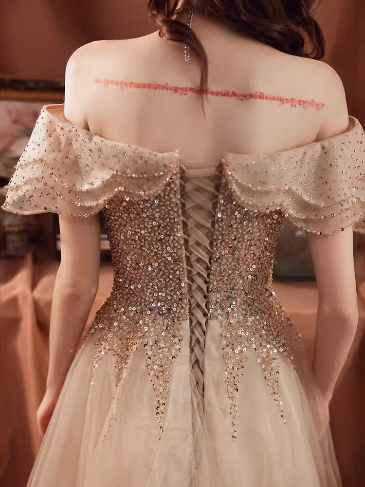 Lovely A line Off The Shoulder Tulle Cap Sleeves Champagne Prom Dress