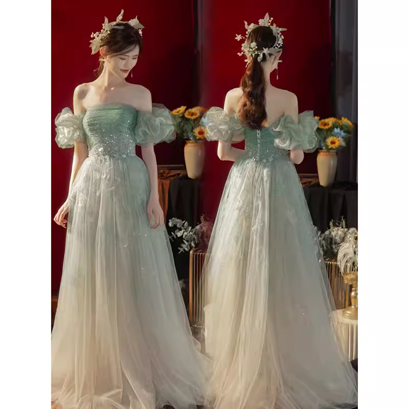 Lovely A line Off The Shoulder Mint Green Tulle Long Prom Dress