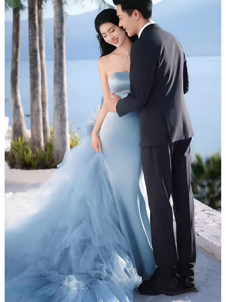 Sexy Mermaid Strapless Blue Satin Long Prom Dress