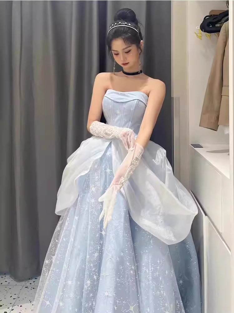 Ball Gown Strapless Blue Lace Long Prom Dress