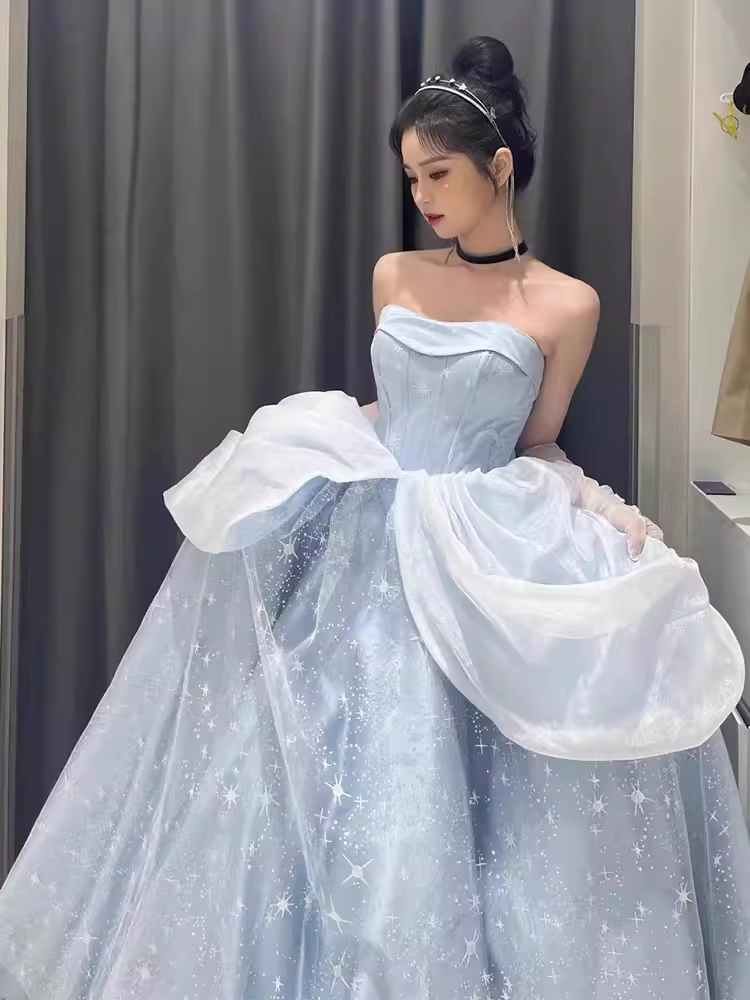 Ball Gown Strapless Blue Lace Long Prom Dress