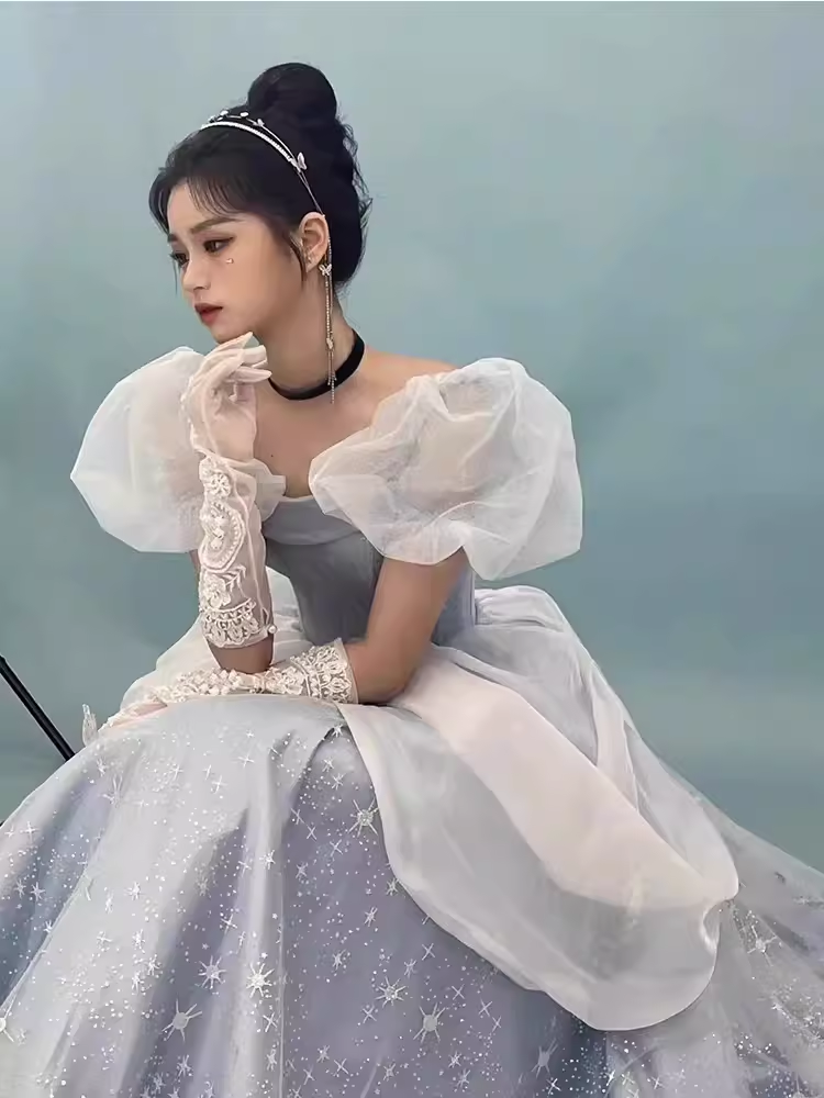 Ball Gown Strapless Blue Lace Long Prom Dress