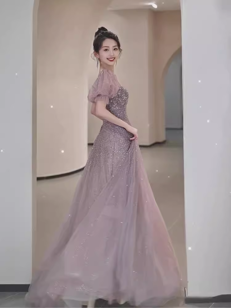 A line Square Neckline Puffy Sleeves Tulle Long Prom Dress