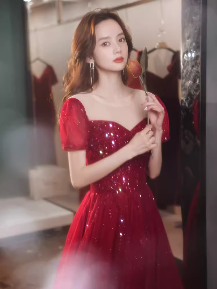 Simple A line Burgundy Sequin Long Prom Dress