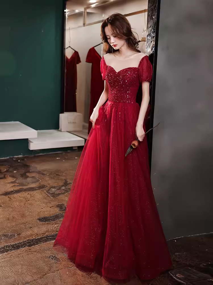 Simple A line Burgundy Sequin Long Prom Dress